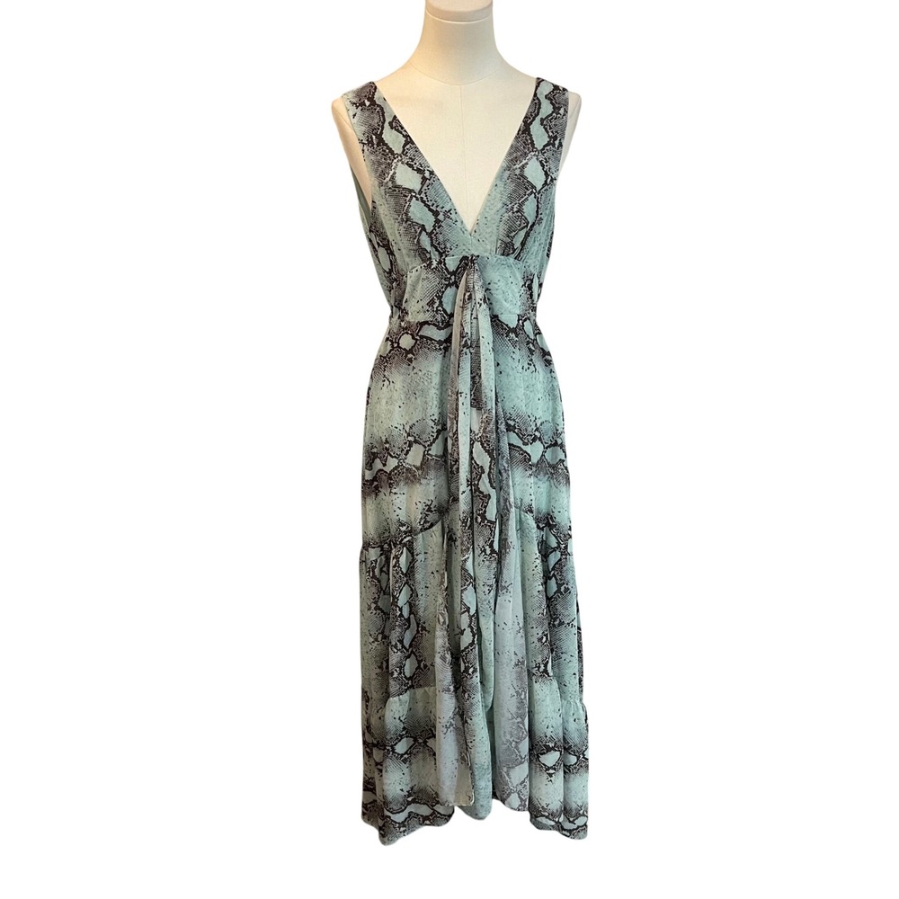 VICI Mint Green Snakeskin Maxi Dress Open Back Plunge V Tiered Small - Picture 5 of 14